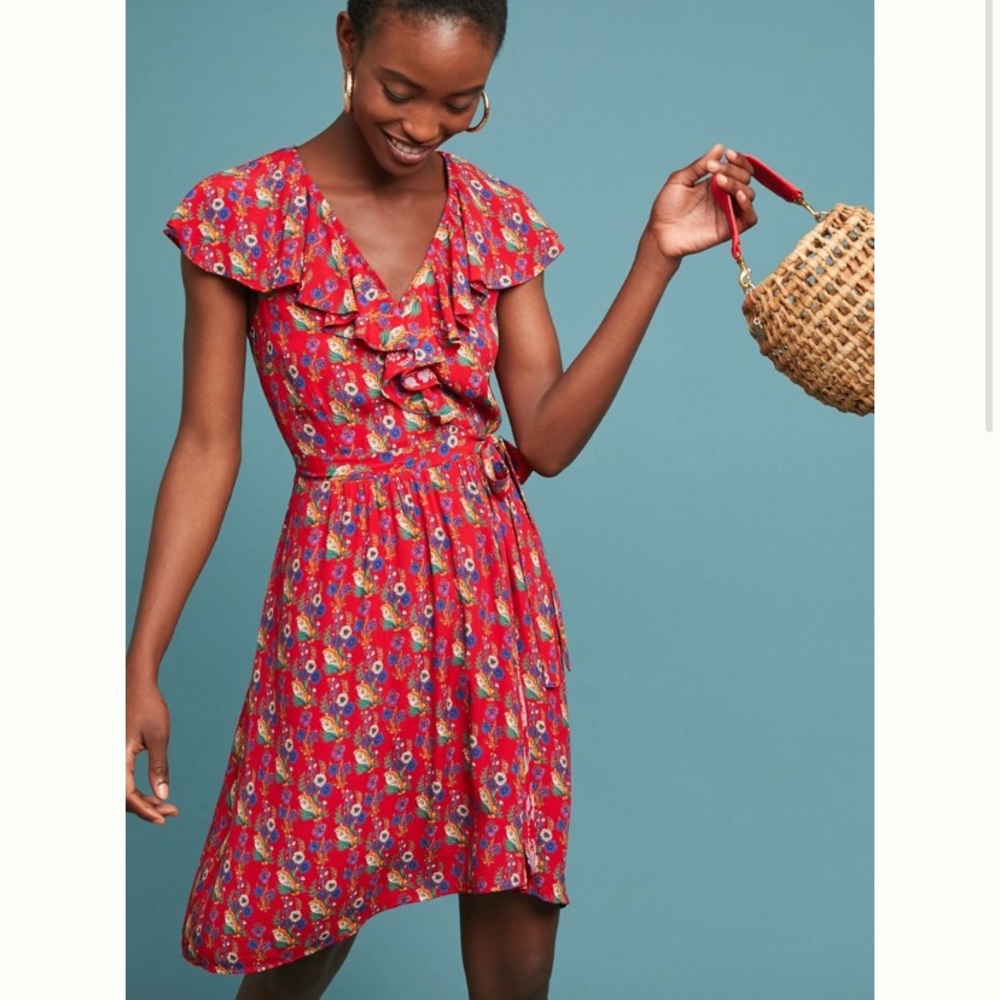 Anthropologie • Maeve Red Floral Ruffle Wrap Dress